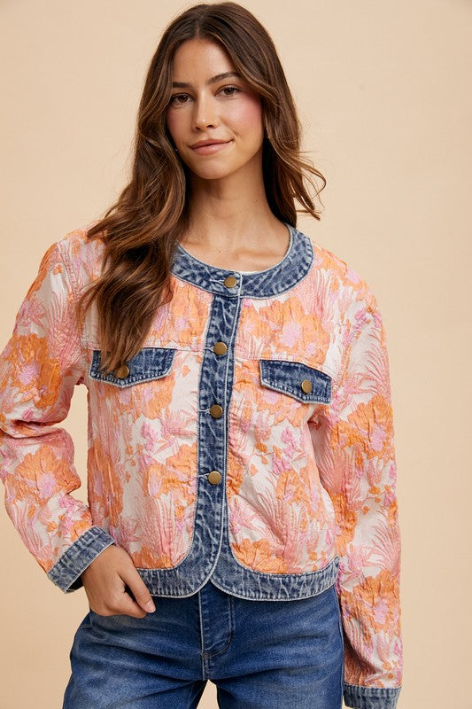 FINAL SALE: FLORAL PRINT DENIM TRIM BLAZER