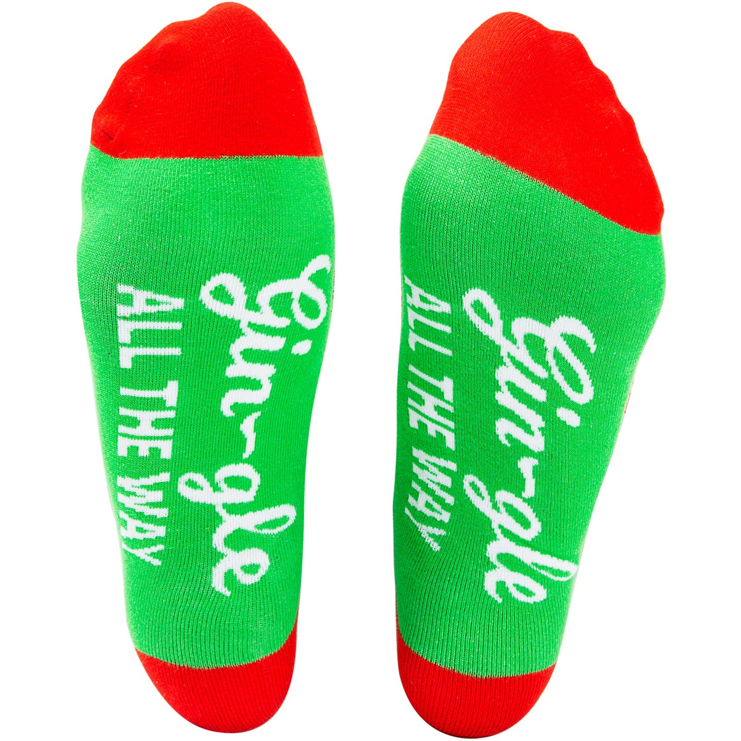 Green socks with red toes and cuffs, featuring the text 'All The Way Gin-gle'.