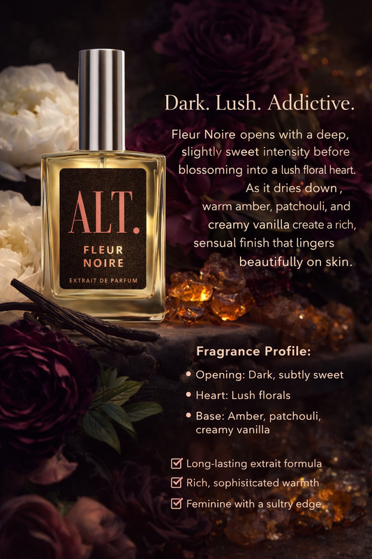Perfume bottle labeled 'ALT. Fleur Noire' with floral and amber elements on a dark background.