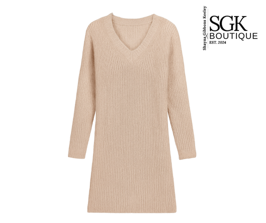 Beige ribbed dress on a white background with SGK Boutique branding.