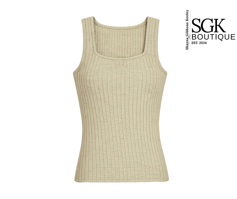 Beige ribbed tank top on a white background with SGK Boutique branding.