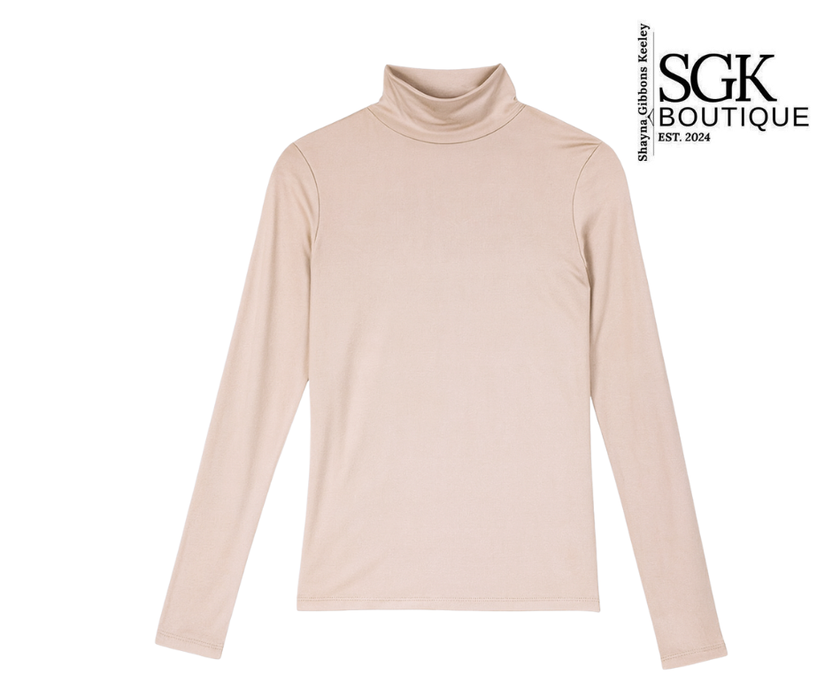 Beige turtleneck sweater on a white background with SGK Boutique logo.