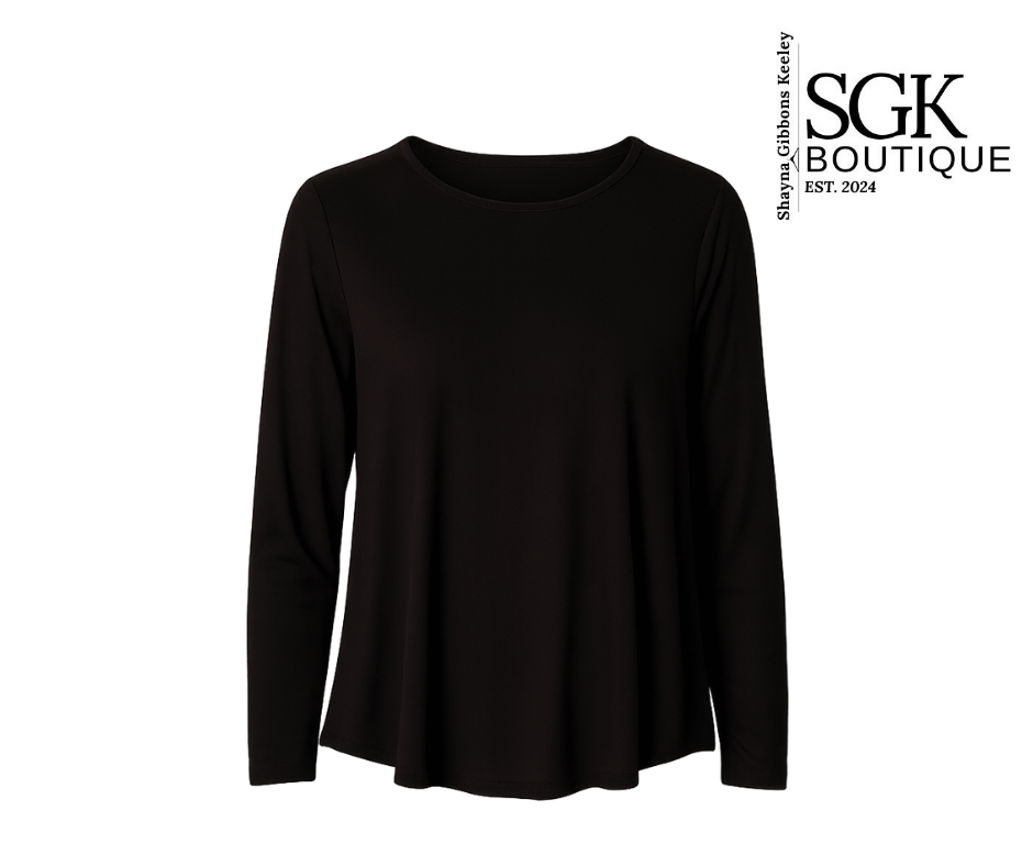 Black long-sleeve top on a white background with SGK Boutique logo.