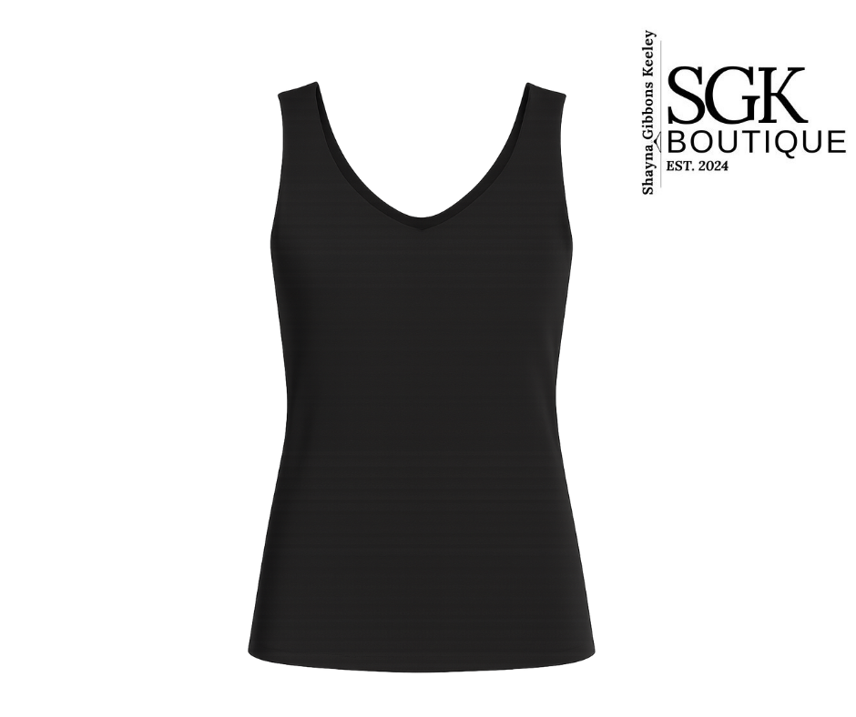 Black tank top on a white background with SGK Boutique branding.