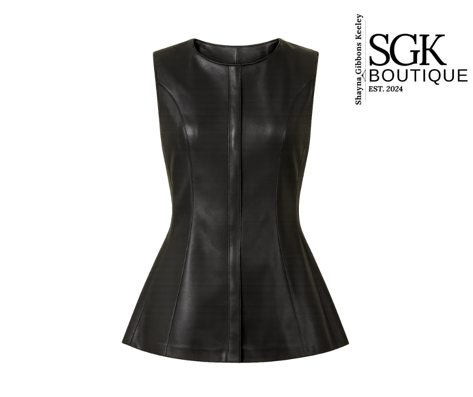Black leather sleeveless top on a white background with SGK Boutique branding.