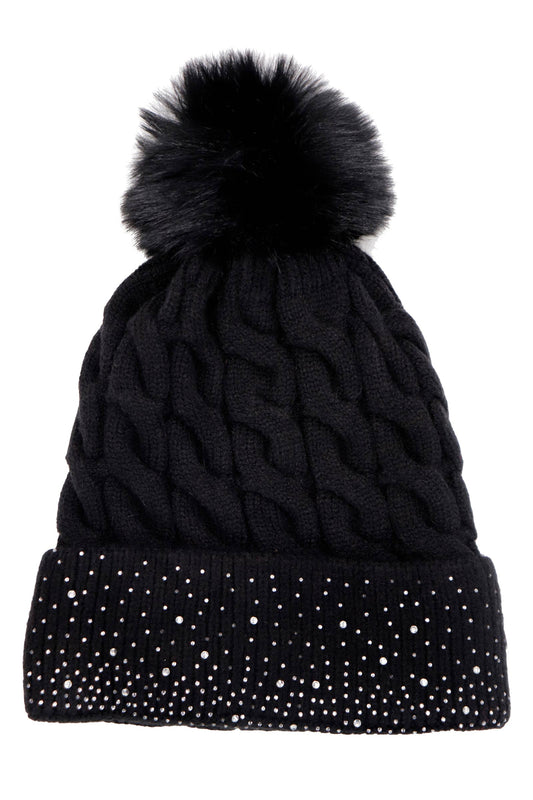 Black knit beanie with a pom-pom and rhinestone trim on a white background