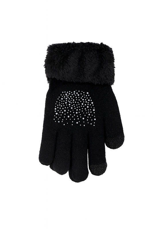 Black gloves with fur cuff and studded design on a white background