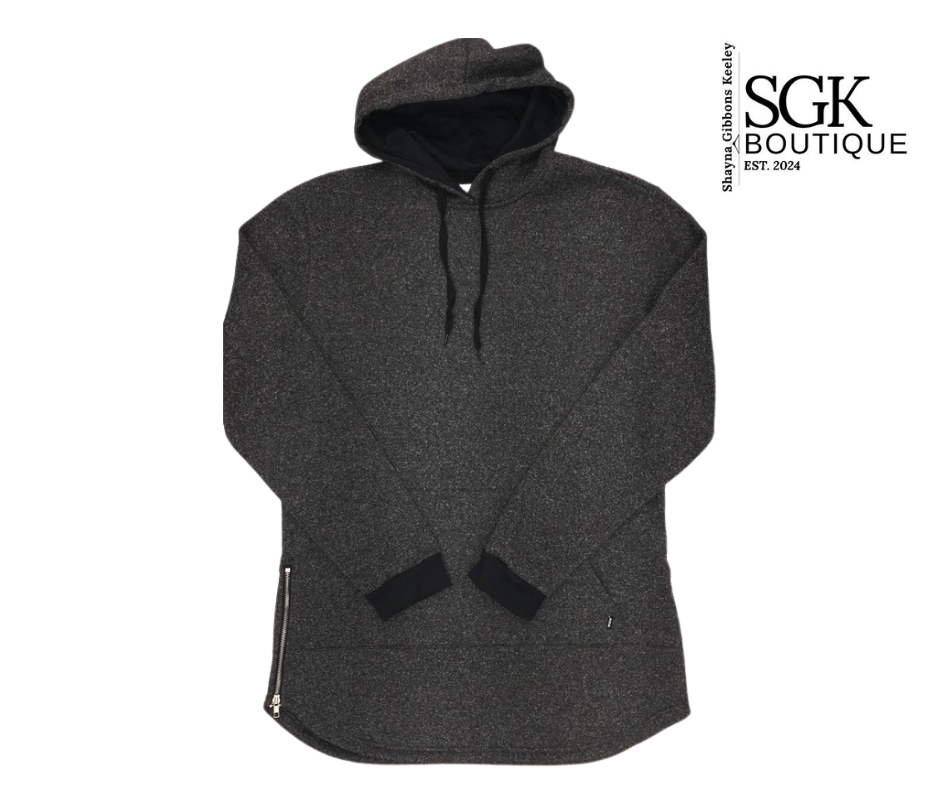 Dark gray hoodie with black accents on a white background, featuring the SGK Boutique logo.