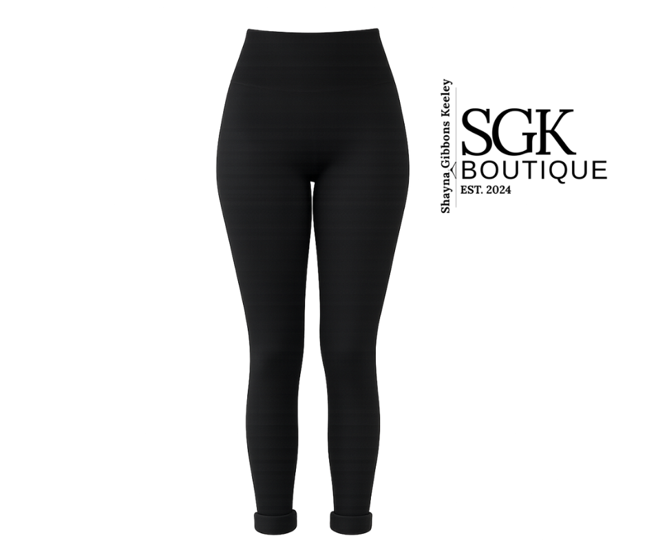 Black leggings with SGK Boutique branding on a white background