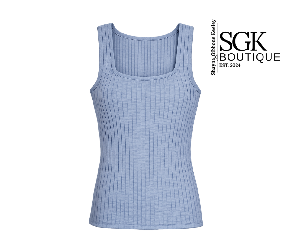 Light blue ribbed tank top on a white background with SGK Boutique branding.