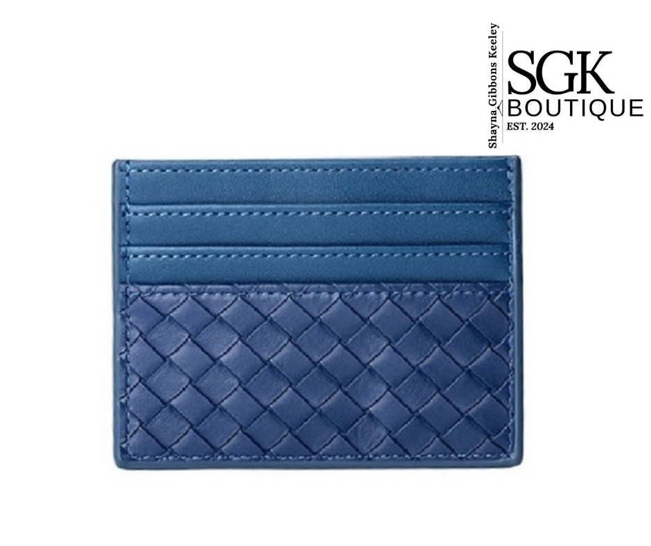 Blue woven cardholder with 'SGK Boutique' branding on a white background
