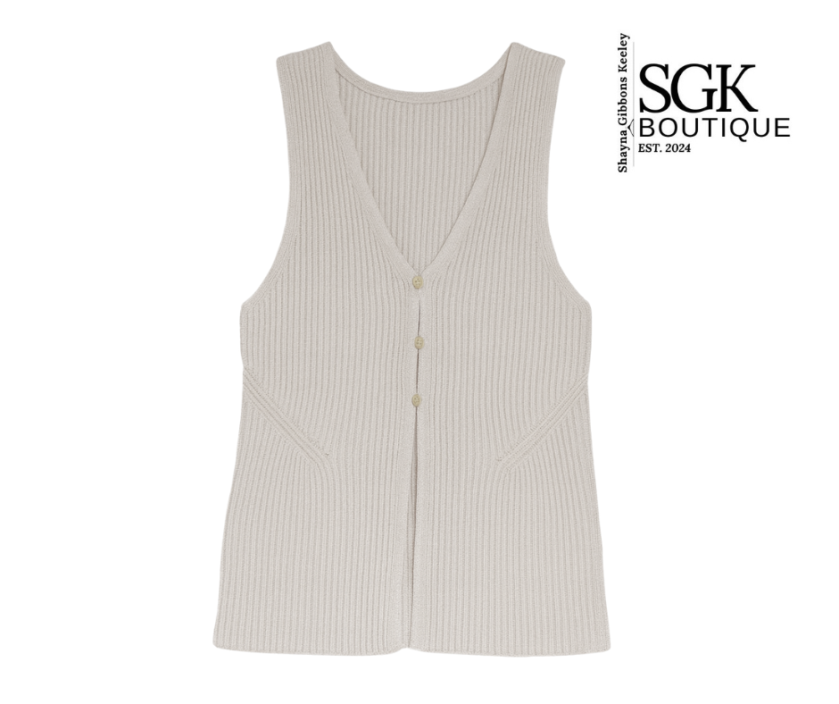 Striped sleeveless top with buttons on a white background, featuring SGK Boutique logo.
