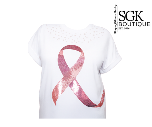 White t-shirt with pink breast cancer awareness ribbon design on a white background, featuring SGK Boutique logo.