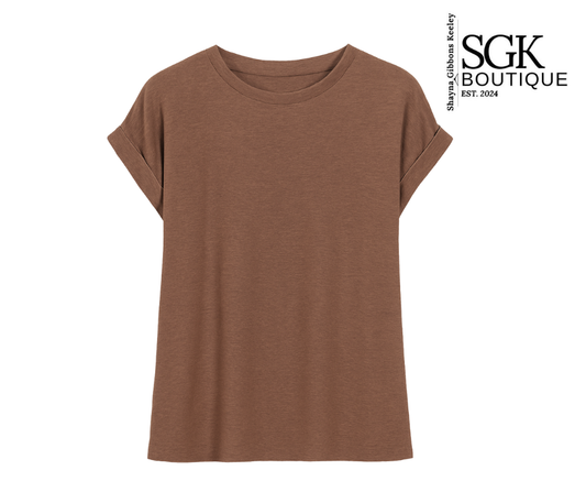 Brown t-shirt on a white background with SGK Boutique logo.