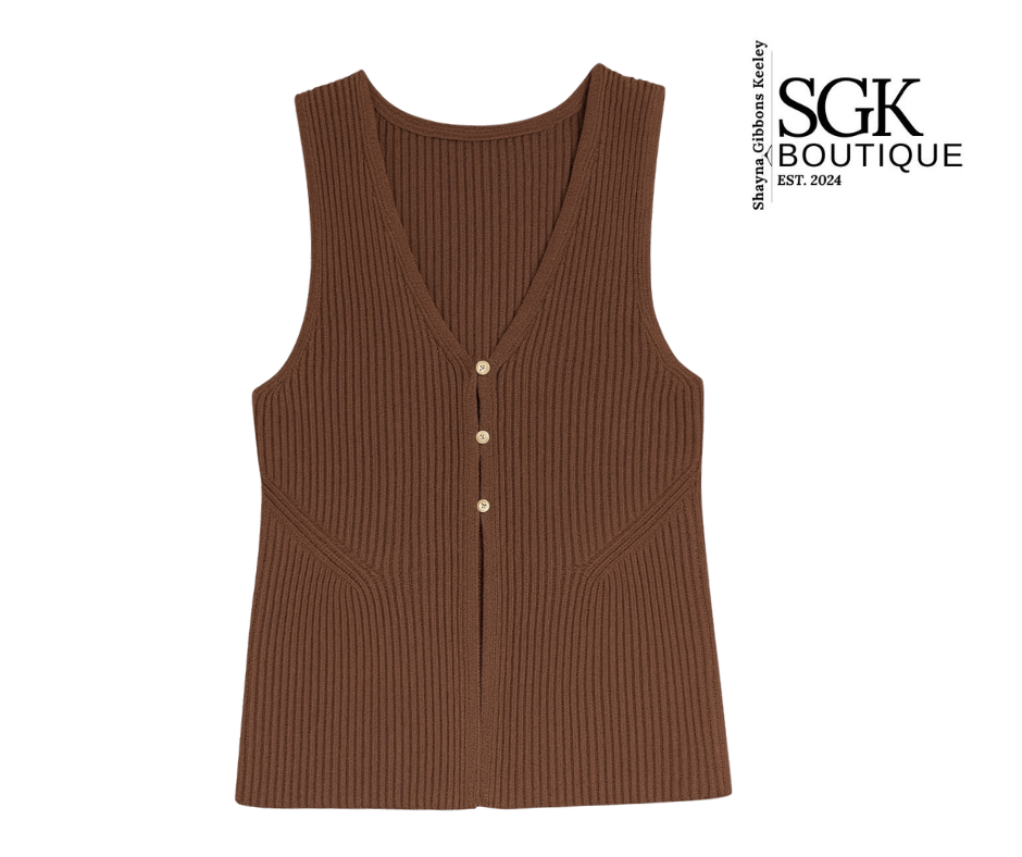 Brown ribbed vest with button details on a white background, featuring SGK Boutique logo.