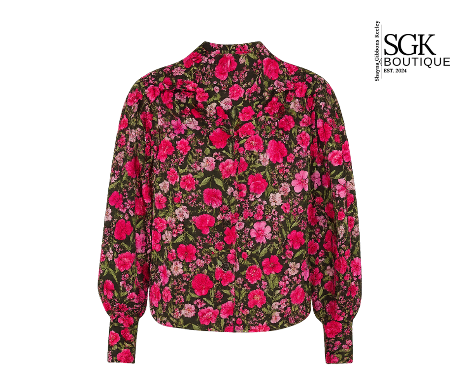 Floral patterned shirt with pink and red flowers on a white background, featuring SGK Boutique logo.