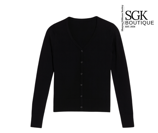 Black cardigan on a white background with SGK Boutique logo.