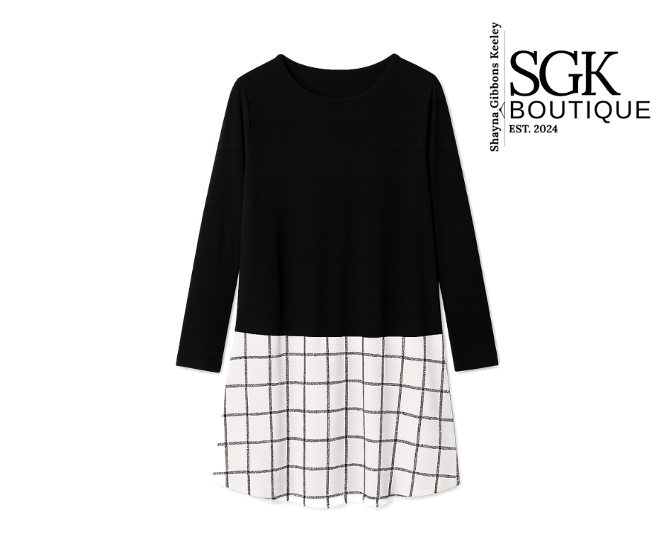 Black long-sleeve top with a white grid-patterned skirt on a white background, featuring SGK Boutique logo.
