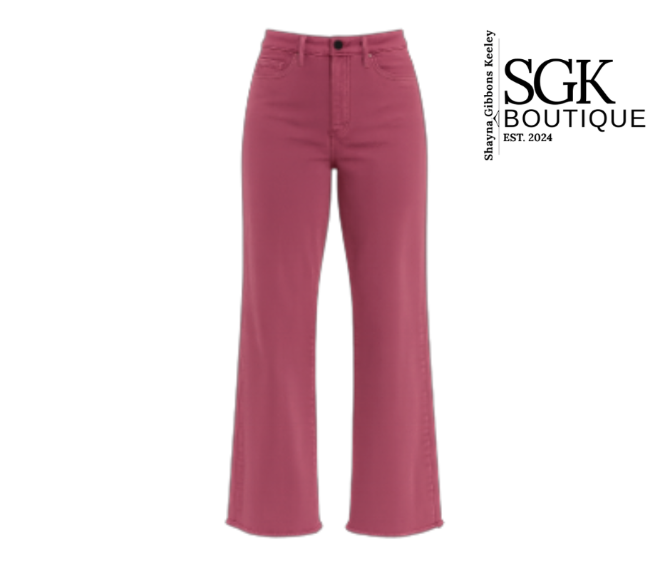 Maroon jeans on a white background with SGK Boutique branding.