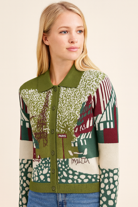 Woman wearing a patterned cardigan with a beige background
