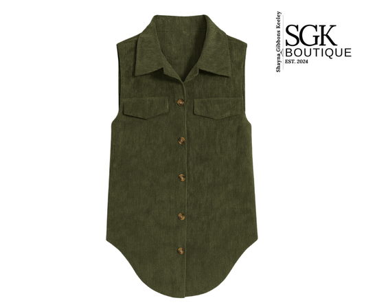Green vest with button details on a white background, featuring SGK Boutique logo.