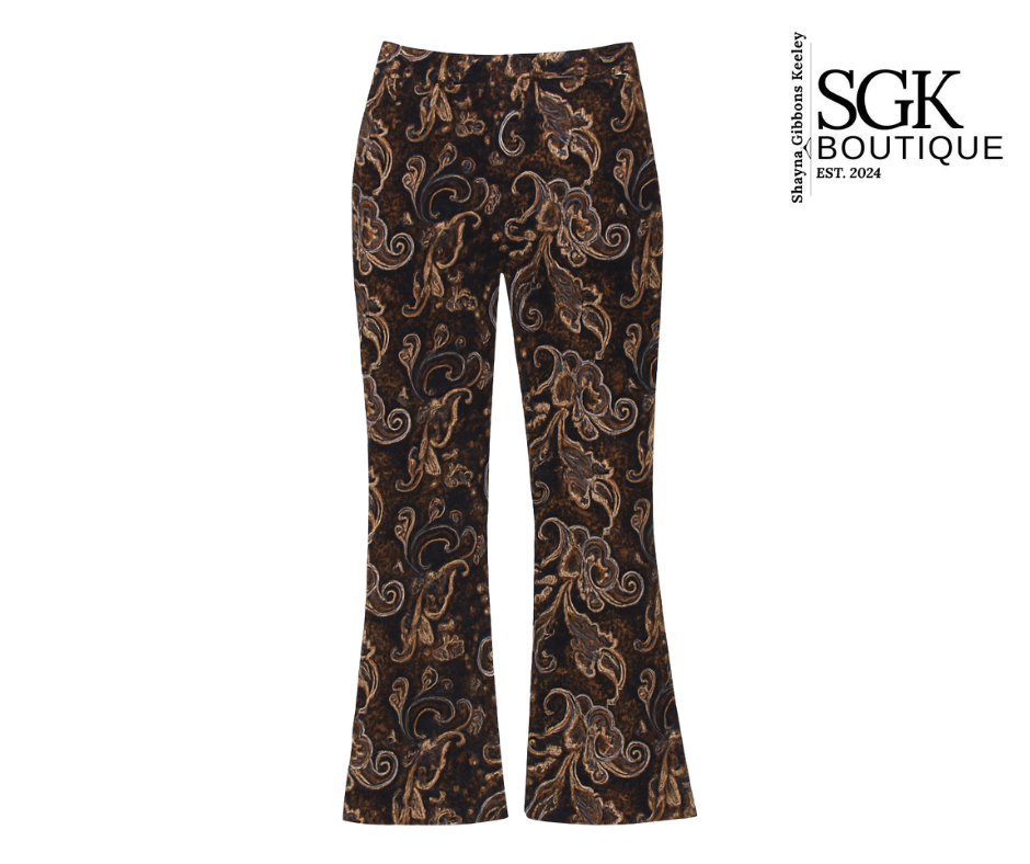Patterned pants with SGK Boutique logo on a white background