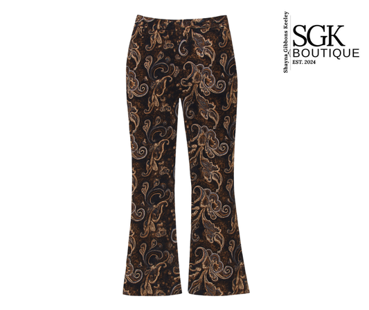 Patterned pants with SGK Boutique logo on a white background