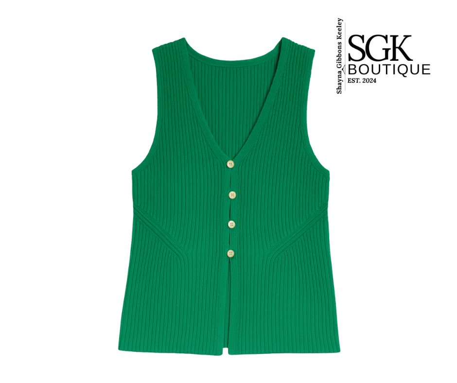 Green ribbed vest with buttons on a white background, featuring SGK Boutique logo.