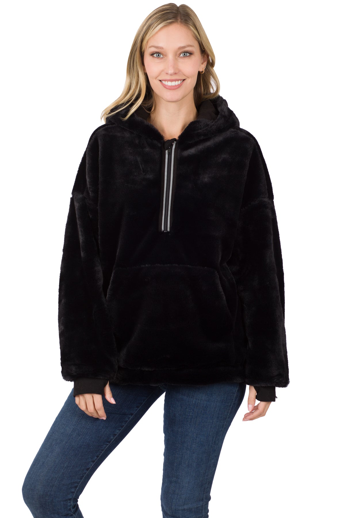 Half zip faux fur hoodie on sale