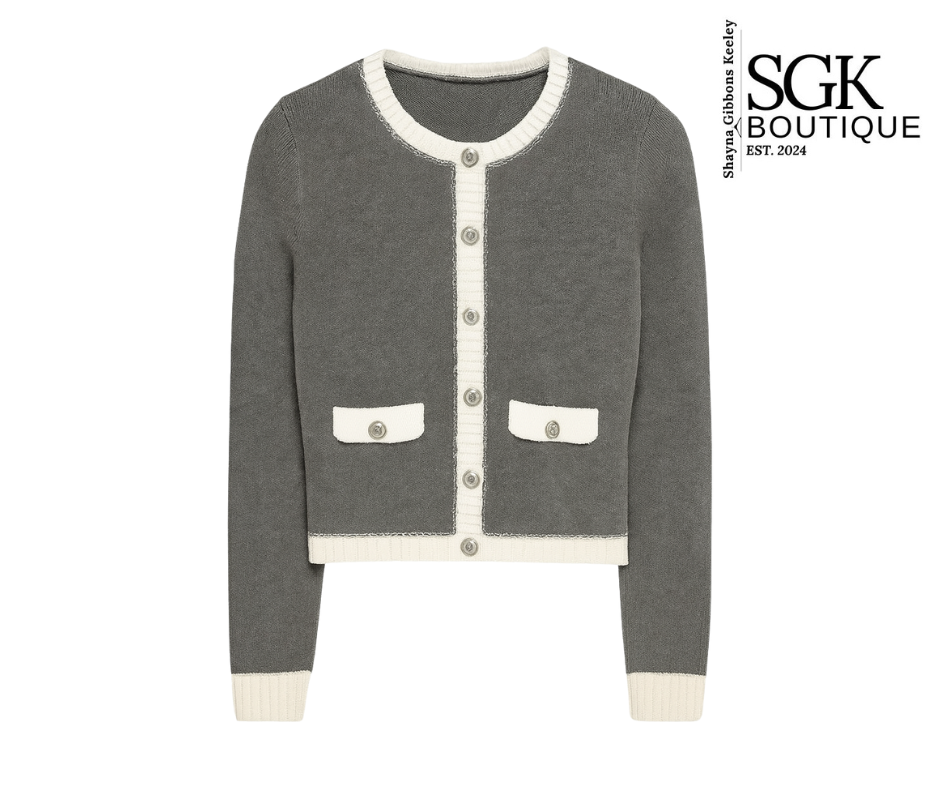 Gray cardigan with white trim on a white background, featuring SGK Boutique branding.