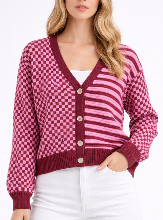 Pattern Cardigan|Checker & Stripe