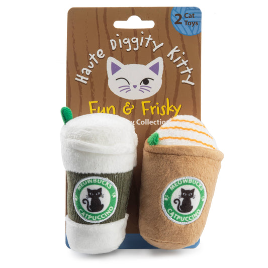 Cat toys in packaging with 'Haute Diggity Kitty' branding on a white background