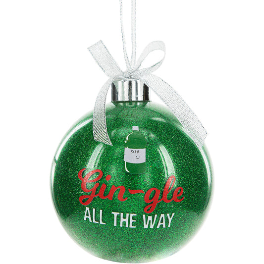 Green glittery Christmas ornament with 'Gin-gle All The Way' text and a white ribbon on a white background.