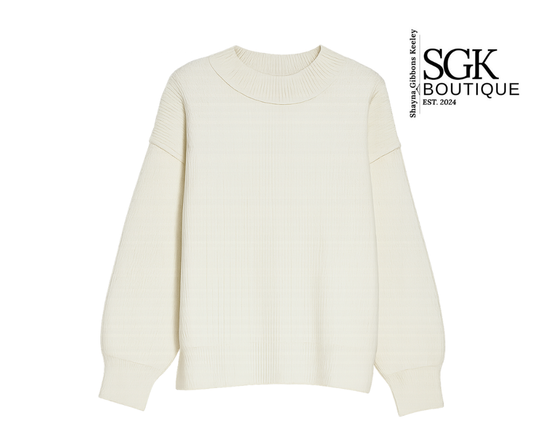White sweater on a white background with SGK Boutique logo.