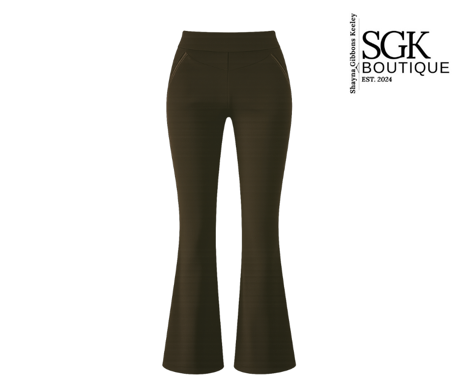 Espresso pants on a white background with SGK Boutique logo.