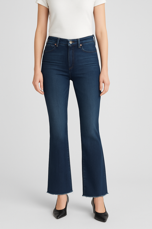 Person wearing dark blue jeans on a light gray background