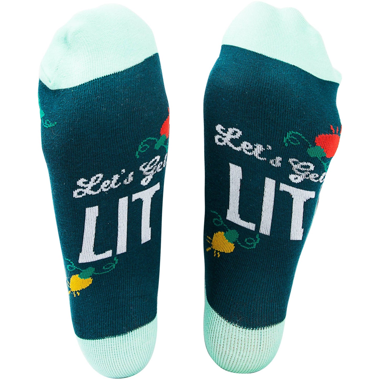Teal socks with 'Let's Get Lit' text and graphics on a white background