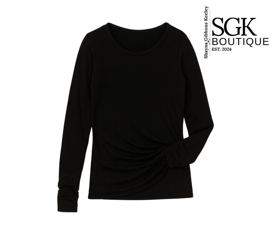 Black long-sleeve top on a white background with SGK Boutique logo.