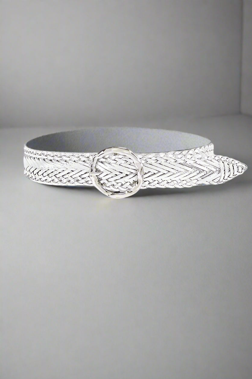 Silver belt with a unique design on a white background