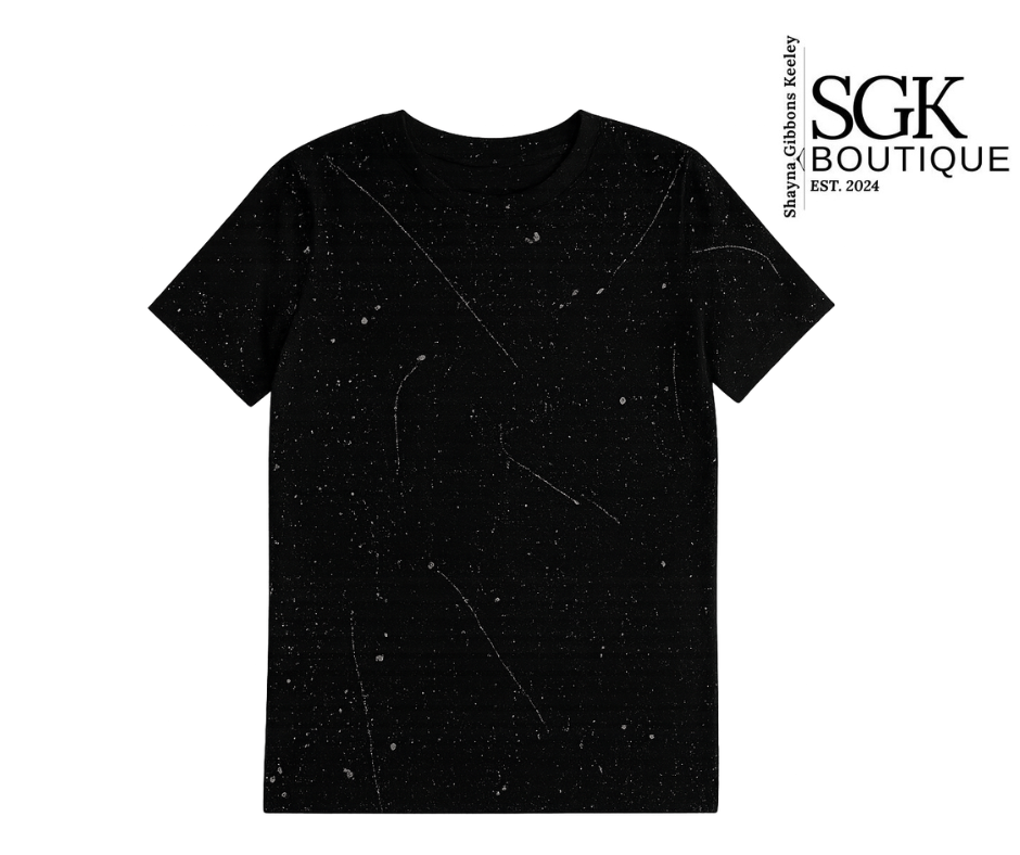 Black t-shirt with 'SGK Boutique' logo on a white background