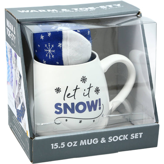 Mug and sock set in packaging with 'let it snow!' text