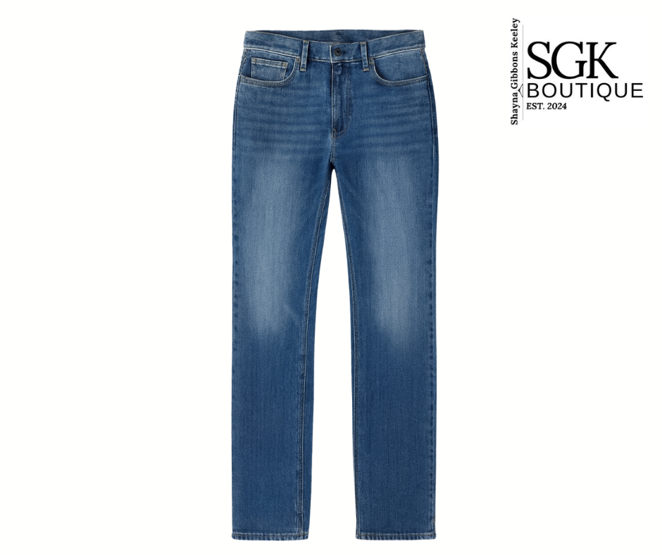 Blue jeans on a white background with SGK Boutique logo.