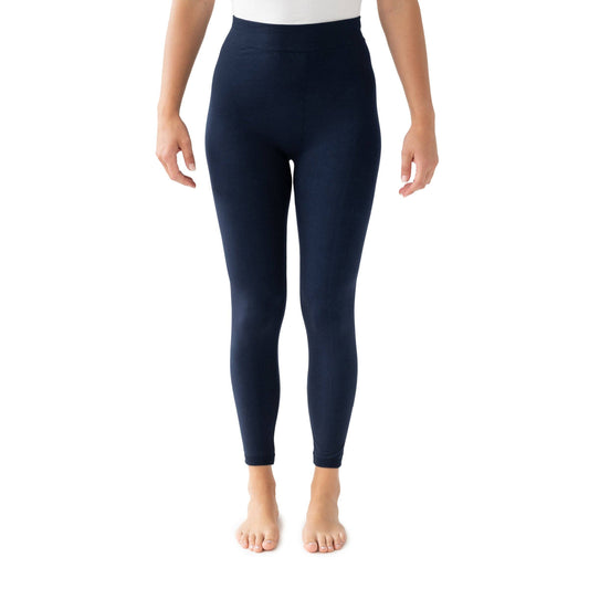 Navy leggings worn by a person on a white background