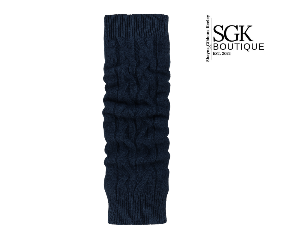 Navy blue cable knit legwarmer on a white background with SGK Boutique logo.