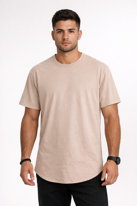 Man wearing a beige t-shirt on a white background