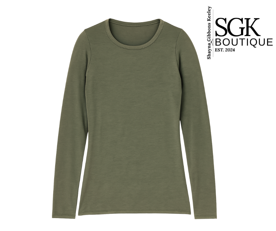 Green long-sleeve shirt on a white background with SGK Boutique logo.