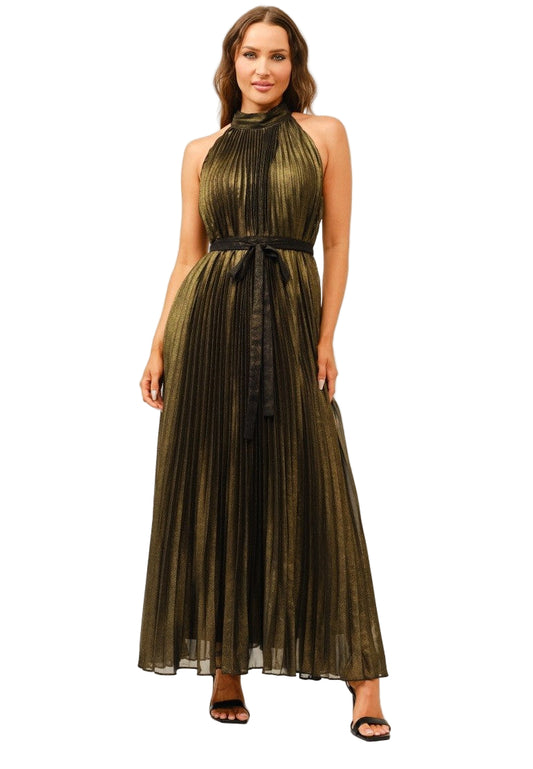 Woman wearing a metallic olive pleated dress on a white background