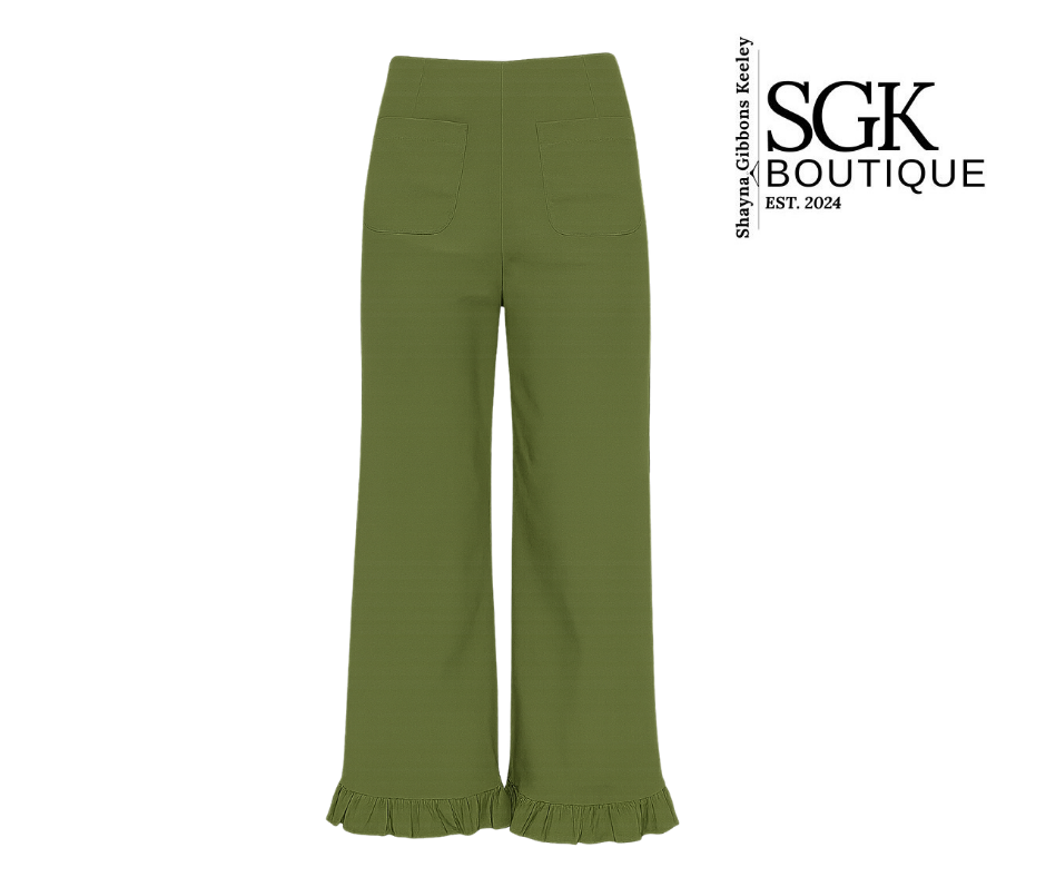 Olive pants with ruffled hem on a white background, featuring SGK Boutique logo.