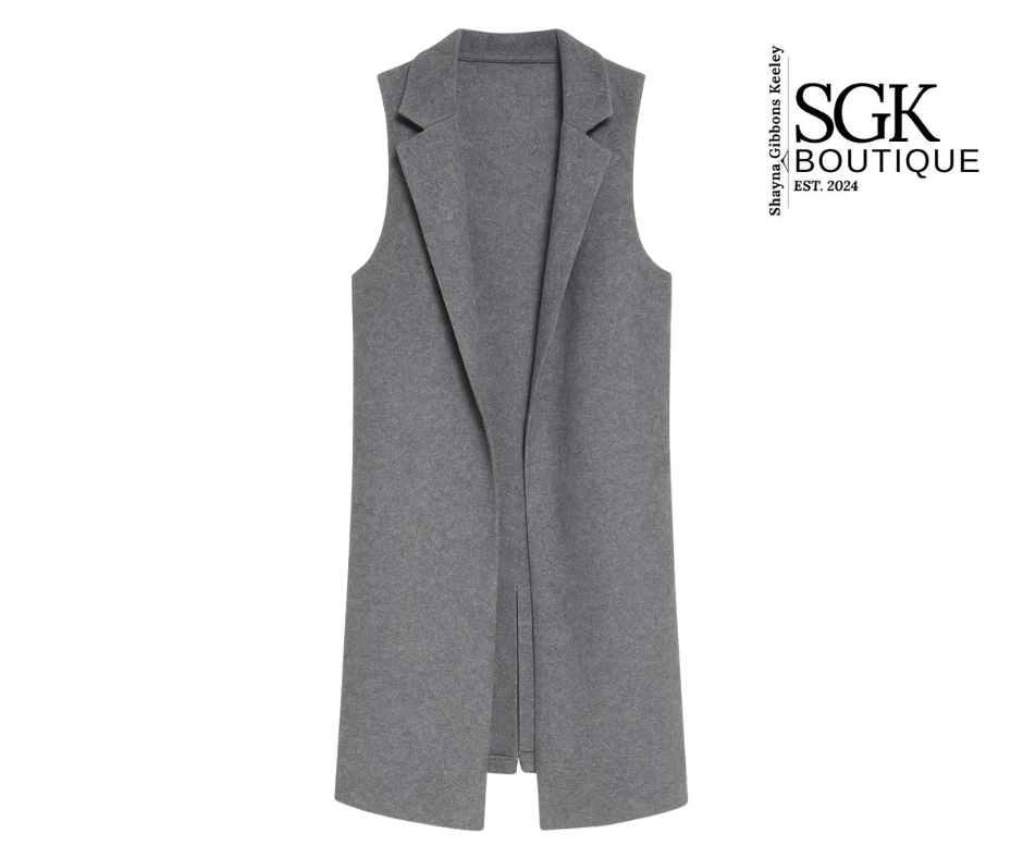 Gray sleeveless vest on a white background with SGK Boutique logo.