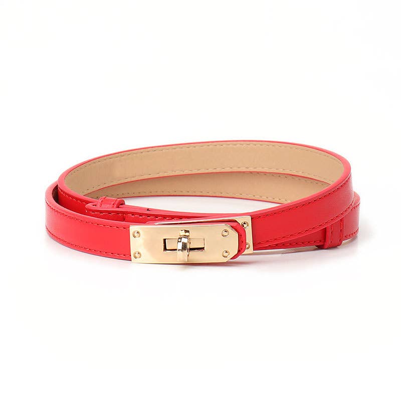 Red belt with a gold buckle on a white background